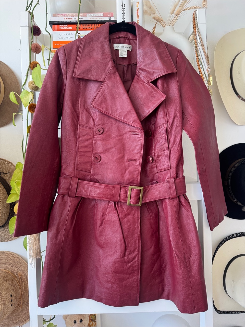Newport News Wine-Red Leather Trench Coat with Belt